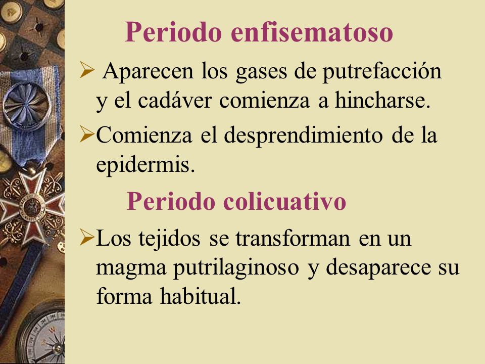 Periodo enfisematoso Aparecen los gases de putrefacción y el cadáver comienza a hincharse. Comienza el desprendimiento de la epidermis.