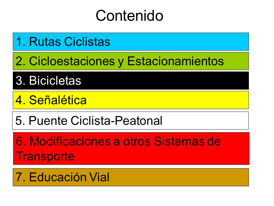 Contenido 1. Rutas Ciclistas 2. Cicloestaciones y Estacionamientos