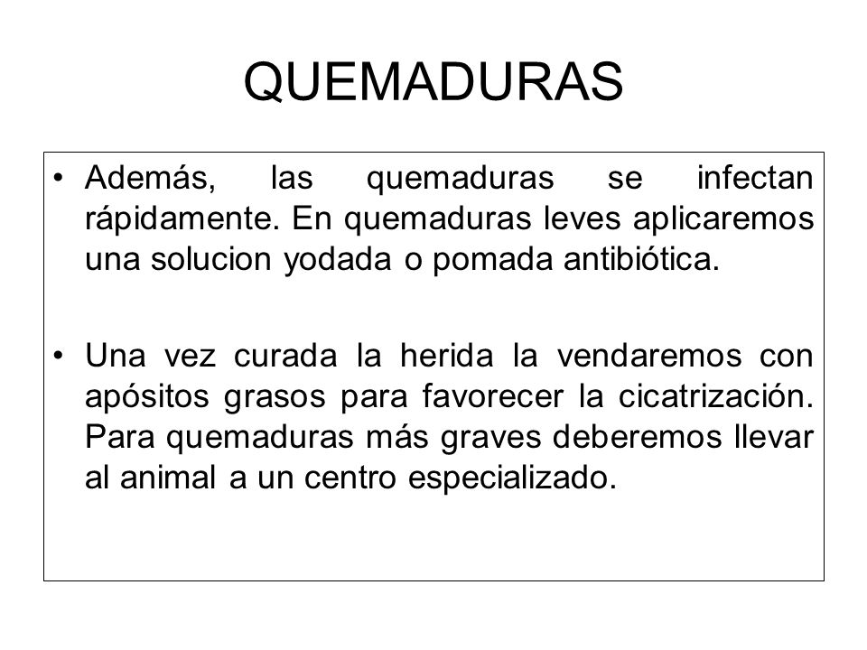 QUEMADURAS Además, las quemaduras se infectan rápidamente. En quemaduras leves aplicaremos una solucion yodada o pomada antibiótica.