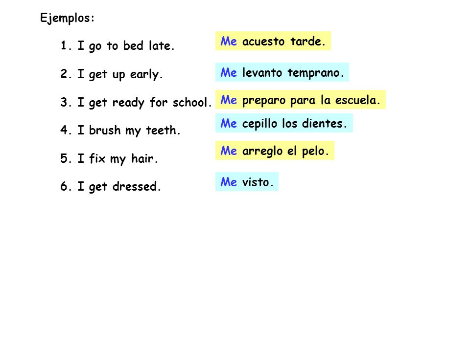 Ejemplos: 1. I go to bed late. 2. I get up early. 3. I get ready for school. 4. I brush my teeth.