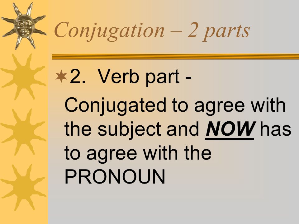 Conjugation – 2 parts 2. Verb part -