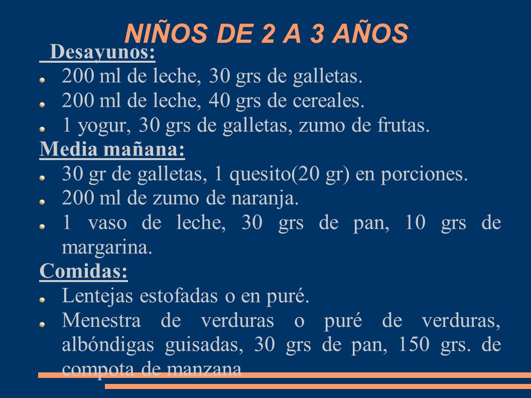NIÑOS DE 2 A 3 AÑOS Desayunos: 200 ml de leche, 30 grs de galletas.