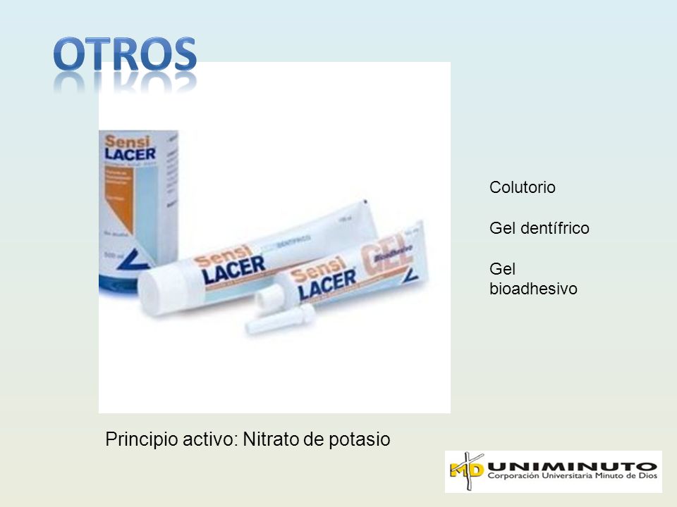 otros Principio activo: Nitrato de potasio Colutorio Gel dentífrico