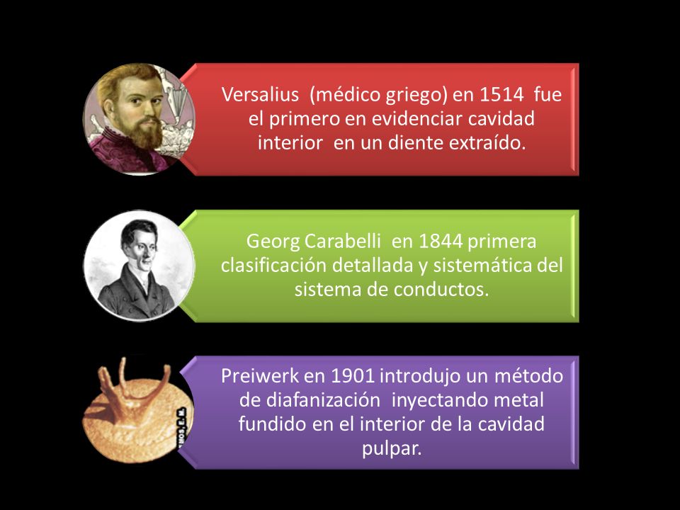 Versalius (médico griego) en 1514 fue el primero en evidenciar cavidad interior en un diente extraído.