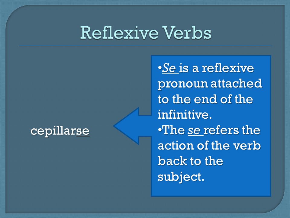 Reflexive Verbs cepillarse. Se is a reflexive pronoun attached to the end of the infinitive.