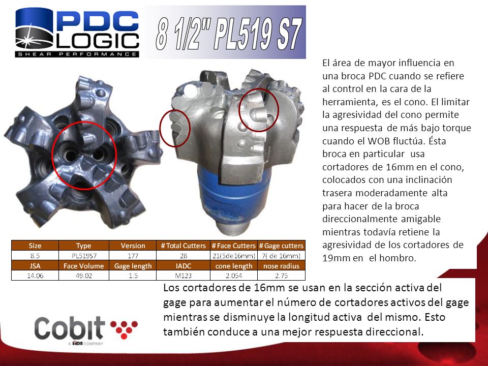 El área de mayor influencia en una broca PDC cuando se refiere al control en la cara de la herramienta, es el cono. El limitar la agresividad del cono permite una respuesta de más bajo torque cuando el WOB fluctúa. Ésta broca en particular usa cortadores de 16mm en el cono, colocados con una inclinación trasera moderadamente alta para hacer de la broca direccionalmente amigable mientras todavía retiene la agresividad de los cortadores de 19mm en el hombro.