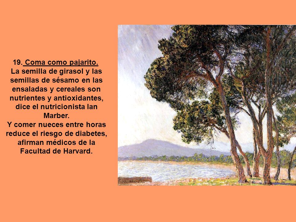 19. Coma como pajarito. La semilla de girasol y las semillas de sésamo en las ensaladas y cereales son nutrientes y antioxidantes, dice el nutricionista Ian Marber.
