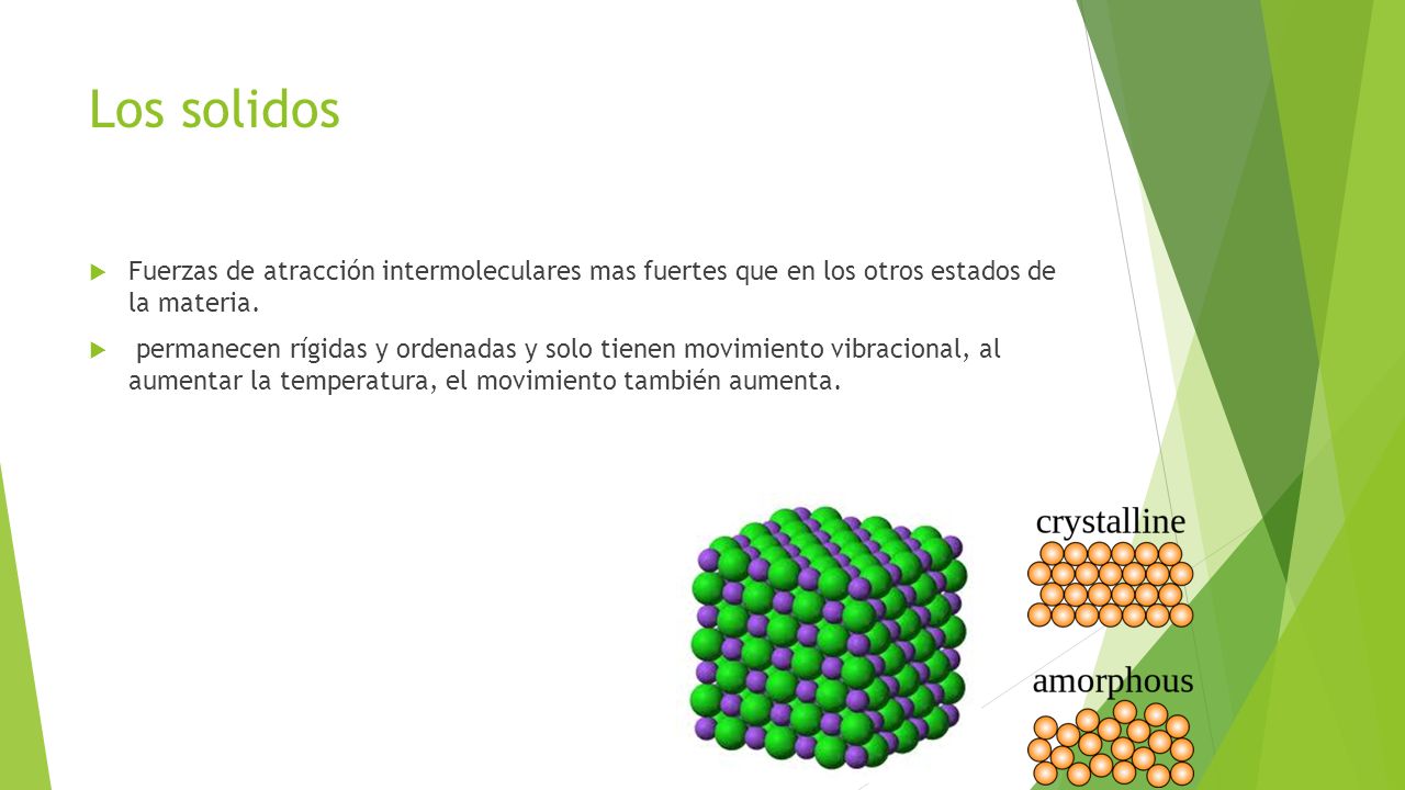 Los solidos Fuerzas de atracción intermoleculares mas fuertes que en los otros estados de la materia.