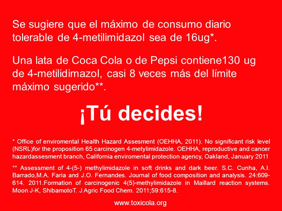 Se sugiere que el máximo de consumo diario tolerable de 4-metilimidazol sea de 16ug*.