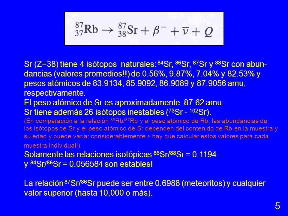 Sr (Z=38) tiene 4 isótopos naturales: 84Sr, 86Sr, 87Sr y 88Sr con abun-