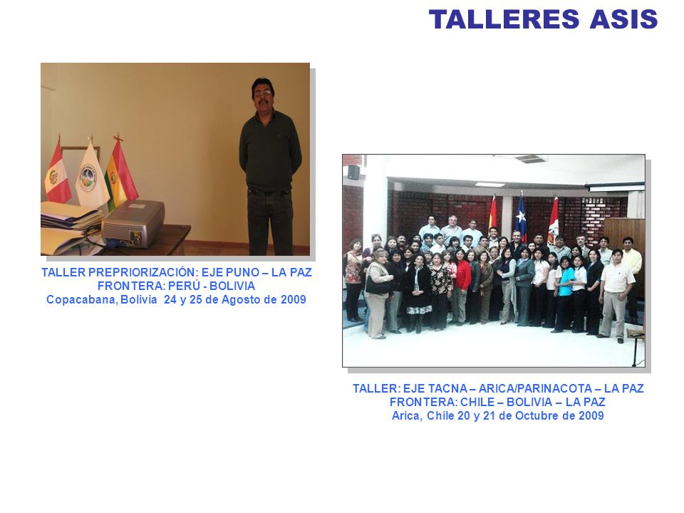 TALLERES ASIS TALLER PREPRIORIZACIÓN: EJE PUNO – LA PAZ FRONTERA: PERÚ - BOLIVIA. Copacabana, Bolivia 24 y 25 de Agosto de