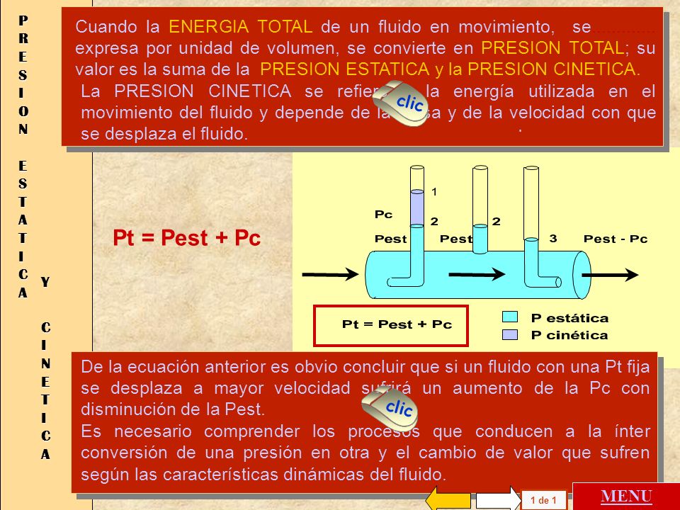 PRESION ESTATICA Pt = Pest + Pc Y CINETICA . .