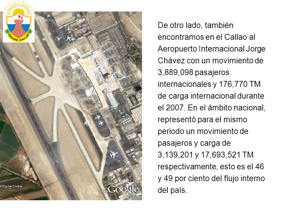 De otro lado, también encontramos en el Callao al Aeropuerto Internacional Jorge Chávez con un movimiento de 3,889,098 pasajeros internacionales y 176,770 TM de carga internacional durante el 2007.