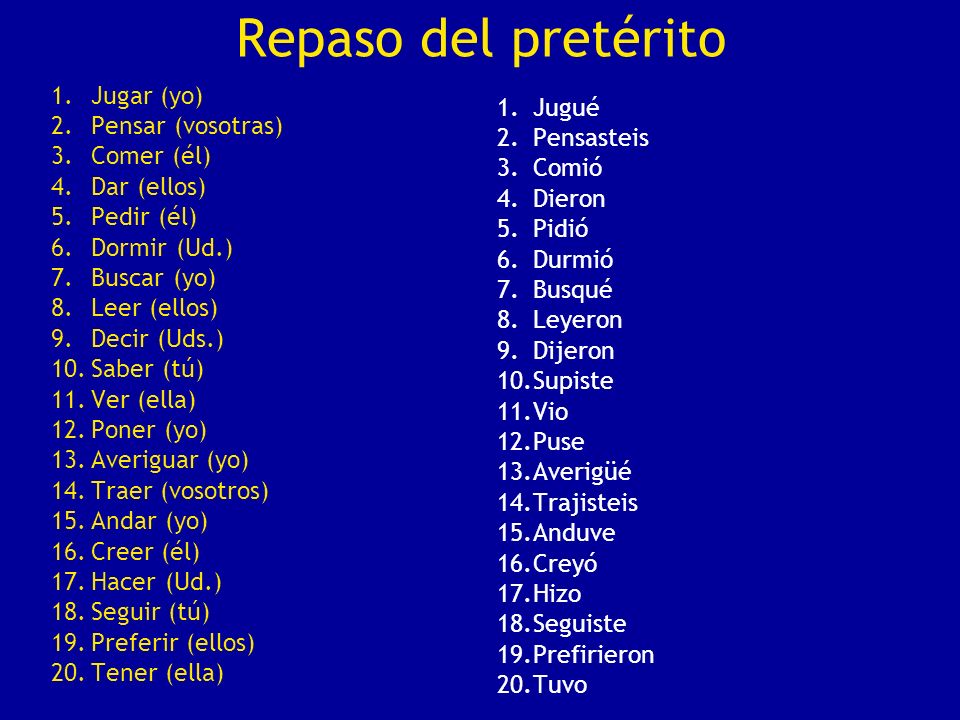 Repaso del pretérito Jugar (yo) Pensar (vosotras) Comer (él)