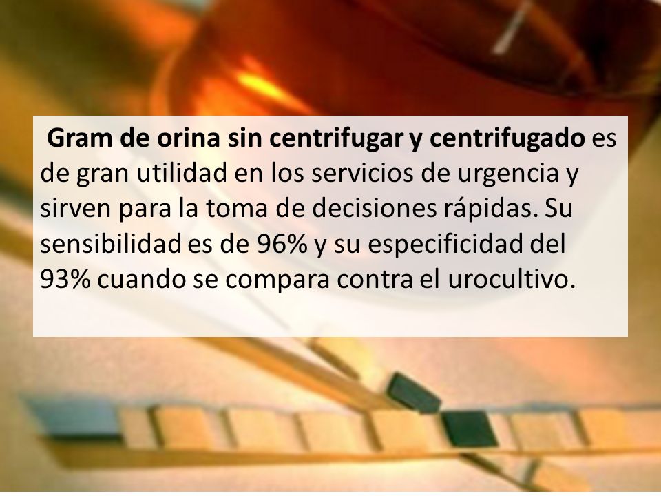 Gram de orina sin centrifugar y centrifugado es de gran utilidad en los servicios de urgencia y sirven para la toma de decisiones rápidas. Su sensibilidad es de 96% y su especificidad del 93% cuando se compara contra el urocultivo.