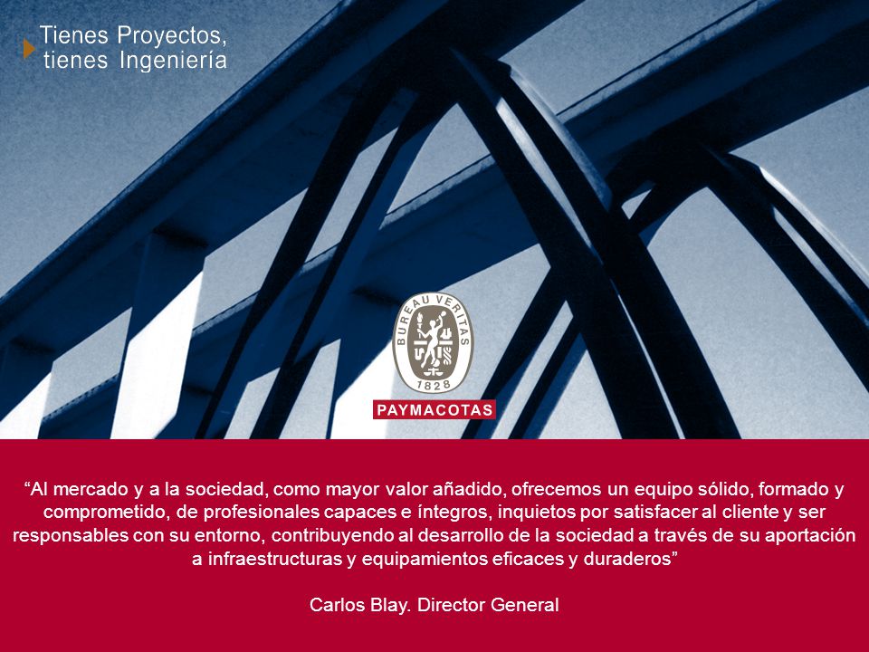 Al mercado y a la sociedad, como mayor valor añadido, ofrecemos un equipo sólido, formado y comprometido, de profesionales capaces e íntegros, inquietos por satisfacer al cliente y ser responsables con su entorno, contribuyendo al desarrollo de la sociedad a través de su aportación a infraestructuras y equipamientos eficaces y duraderos Carlos Blay.