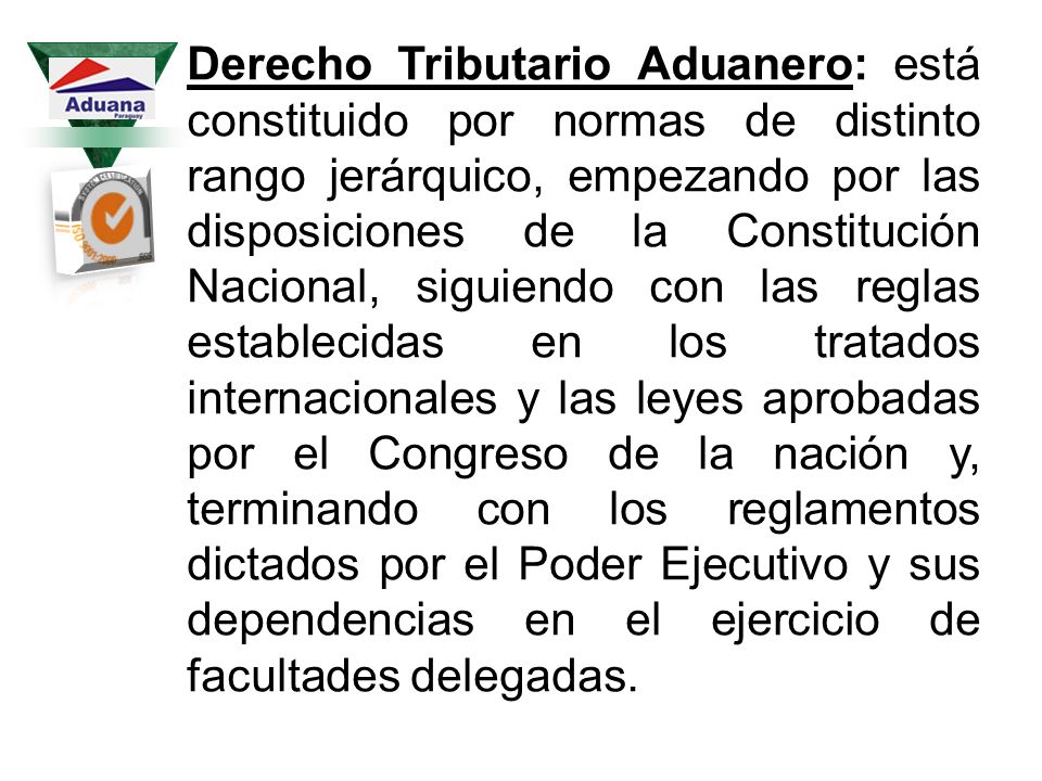 Derecho Tributario Aduanero: está constituido por normas de distinto rango jerárquico, empezando por las disposiciones de la Constitución Nacional, siguiendo con las reglas establecidas en los tratados internacionales y las leyes aprobadas por el Congreso de la nación y, terminando con los reglamentos dictados por el Poder Ejecutivo y sus dependencias en el ejercicio de facultades delegadas.