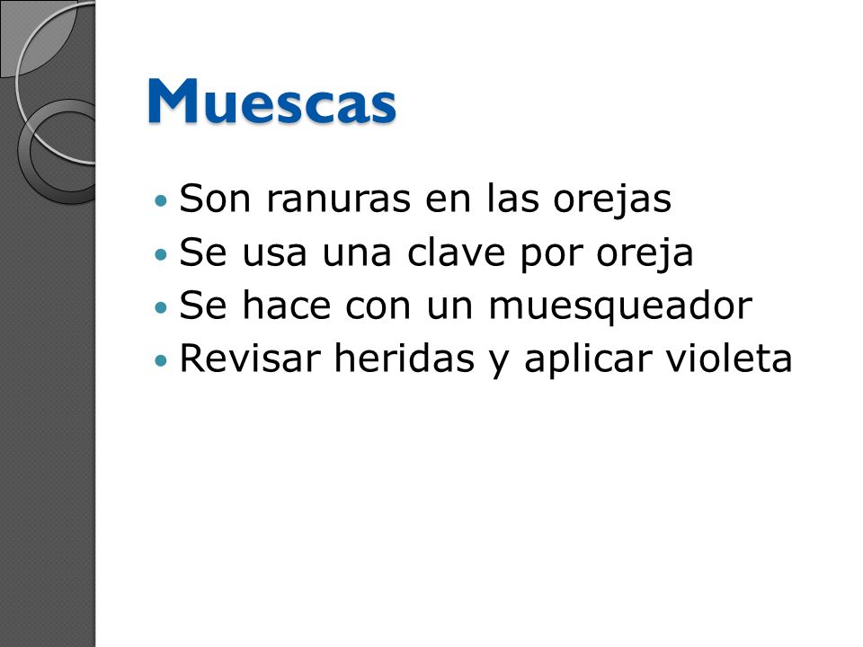 Muescas Son ranuras en las orejas Se usa una clave por oreja