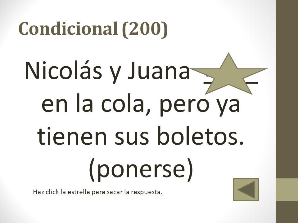 Nicolás y Juana ____ en la cola, pero ya tienen sus boletos. (ponerse)