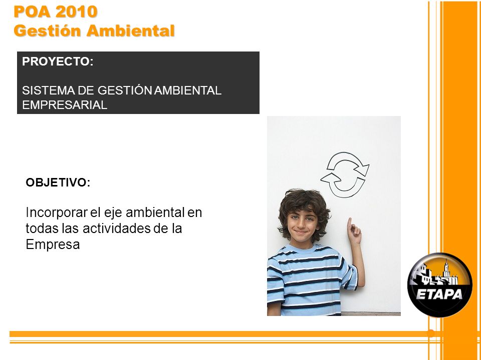 POA 2010 Gestión Ambiental PROYECTO: SISTEMA DE GESTIÓN AMBIENTAL EMPRESARIAL. OBJETIVO: