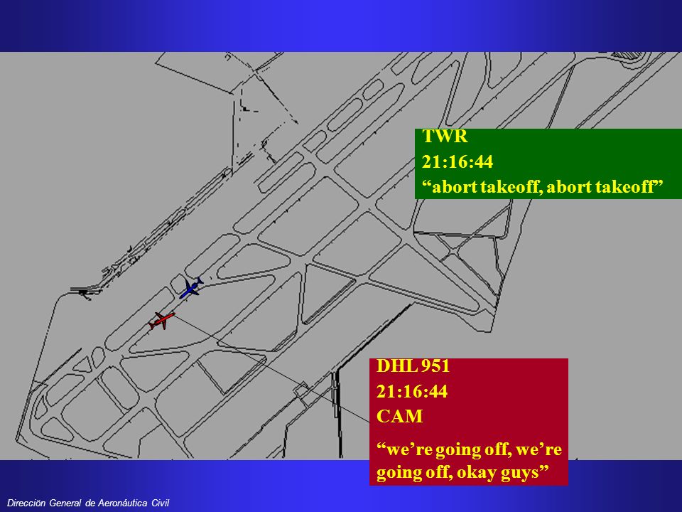 TWR 21:16:44. abort takeoff, abort takeoff DHL 951.
