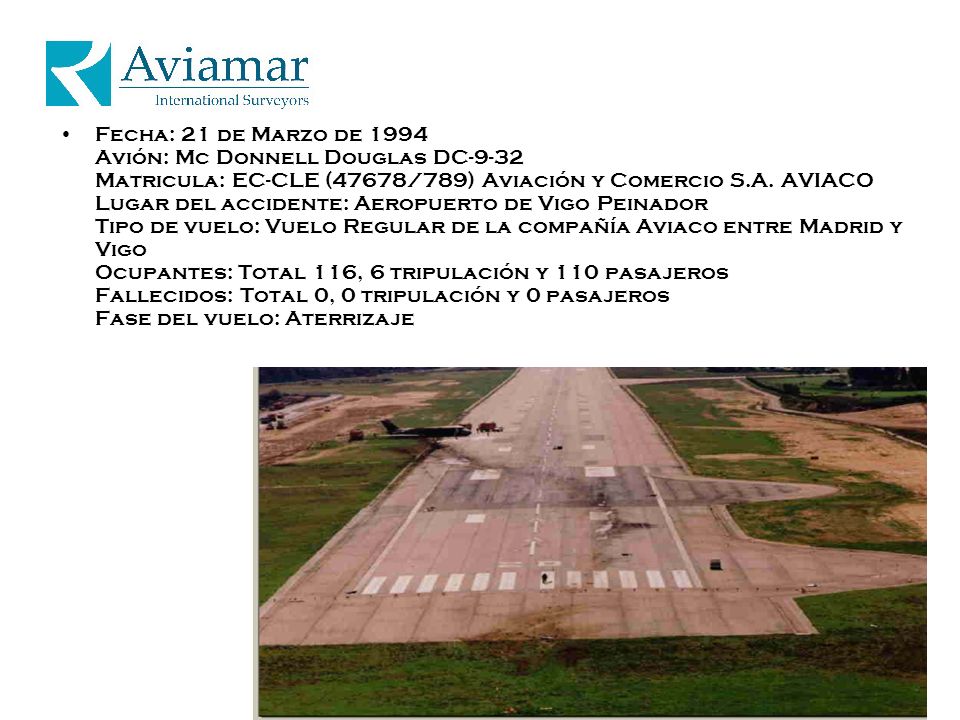 Fecha: 21 de Marzo de 1994 Avión: Mc Donnell Douglas DC-9-32 Matricula: EC-CLE (47678/789) Aviación y Comercio S.A.