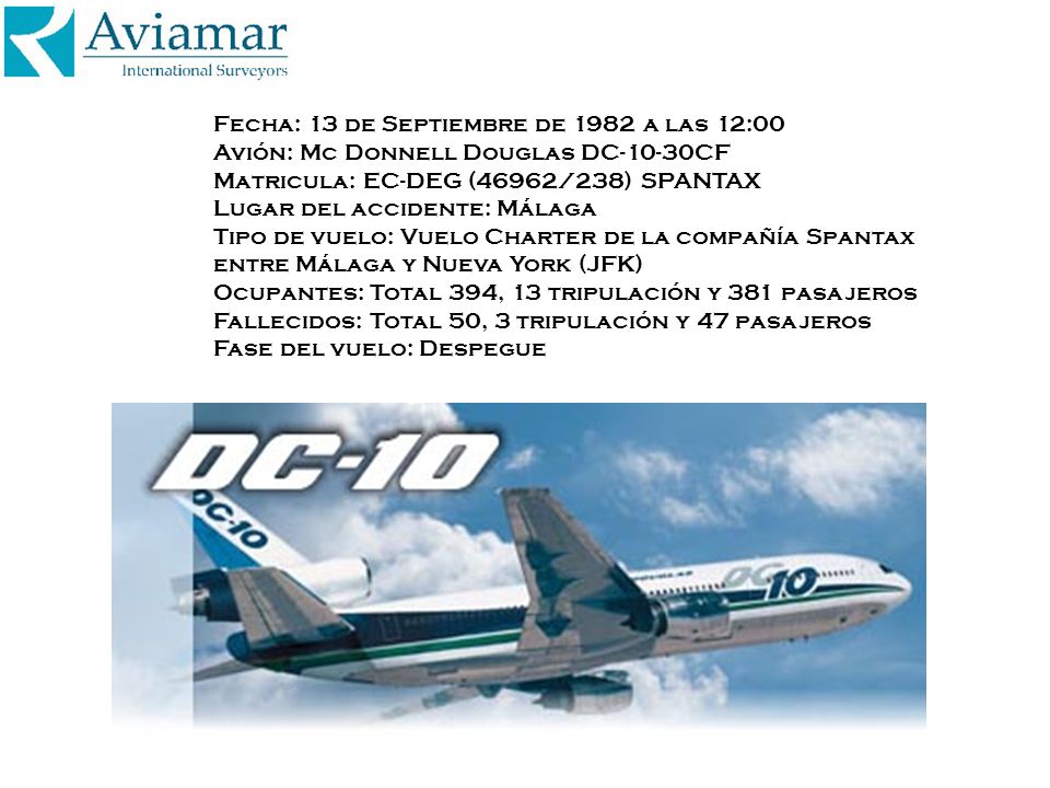Fecha: 13 de Septiembre de 1982 a las 12:00 Avión: Mc Donnell Douglas DC-10-30CF Matricula: EC-DEG (46962/238) SPANTAX Lugar del accidente: Málaga Tipo de vuelo: Vuelo Charter de la compañía Spantax