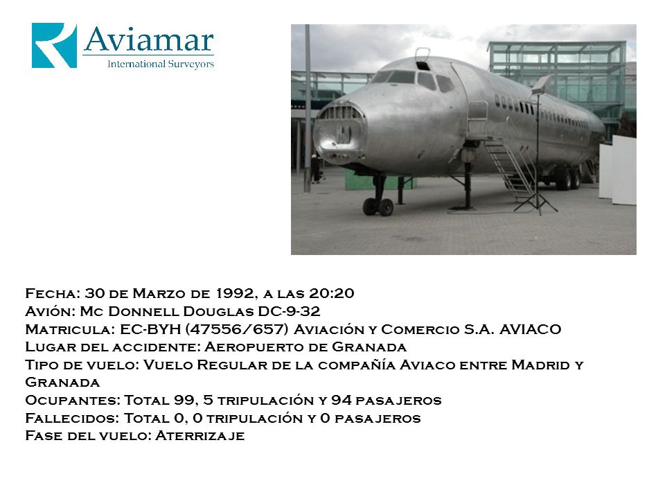 Fecha: 30 de Marzo de 1992, a las 20:20 Avión: Mc Donnell Douglas DC-9-32 Matricula: EC-BYH (47556/657) Aviación y Comercio S.A.