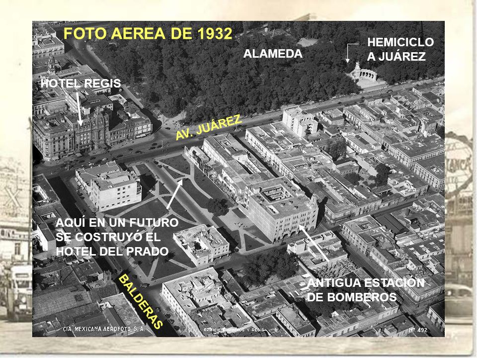 FOTO AEREA DE 1932 HEMICICLO A JUÁREZ ALAMEDA HOTEL REGIS AV. JUÁREZ