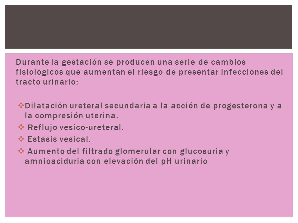 Durante la gestación se producen una serie de cambios fisiológicos que aumentan el riesgo de presentar infecciones del tracto urinario: