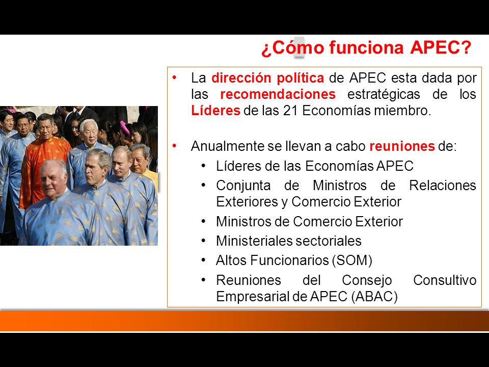 La dirección política de APEC esta dada por las recomendaciones estratégicas de los Líderes de las 21 Economías miembro.