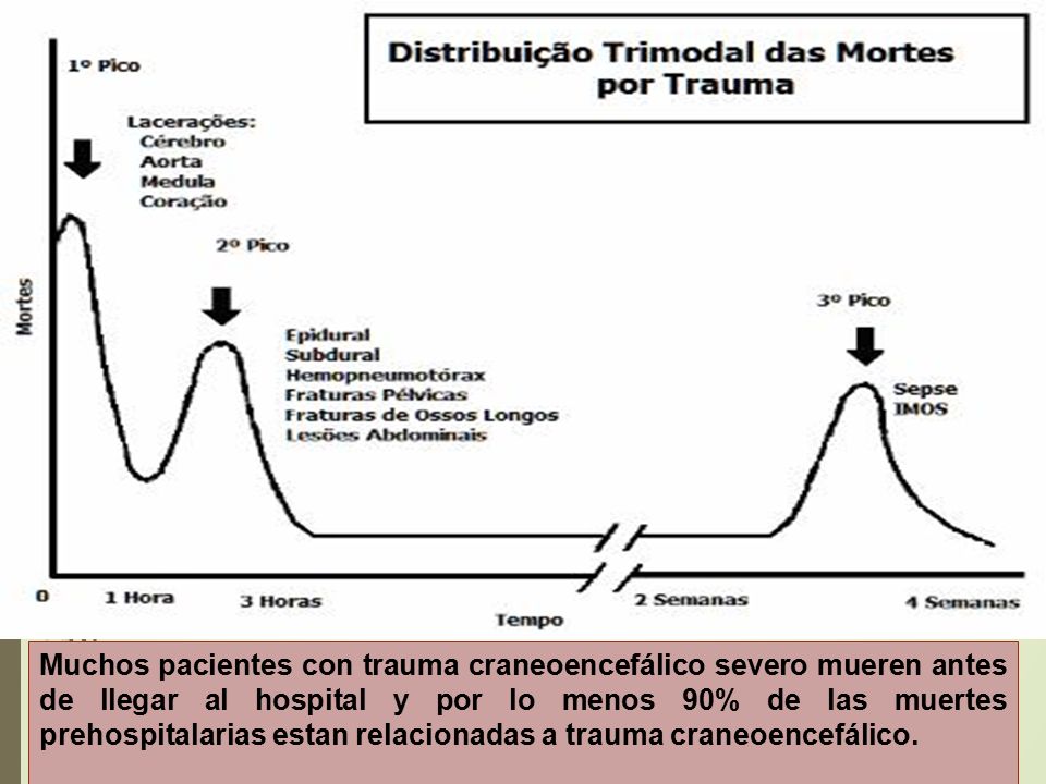 Muchos pacientes con trauma craneoencefálico severo mueren antes de llegar al hospital y por lo menos 90% de las muertes prehospitalarias estan relacionadas a trauma craneoencefálico.