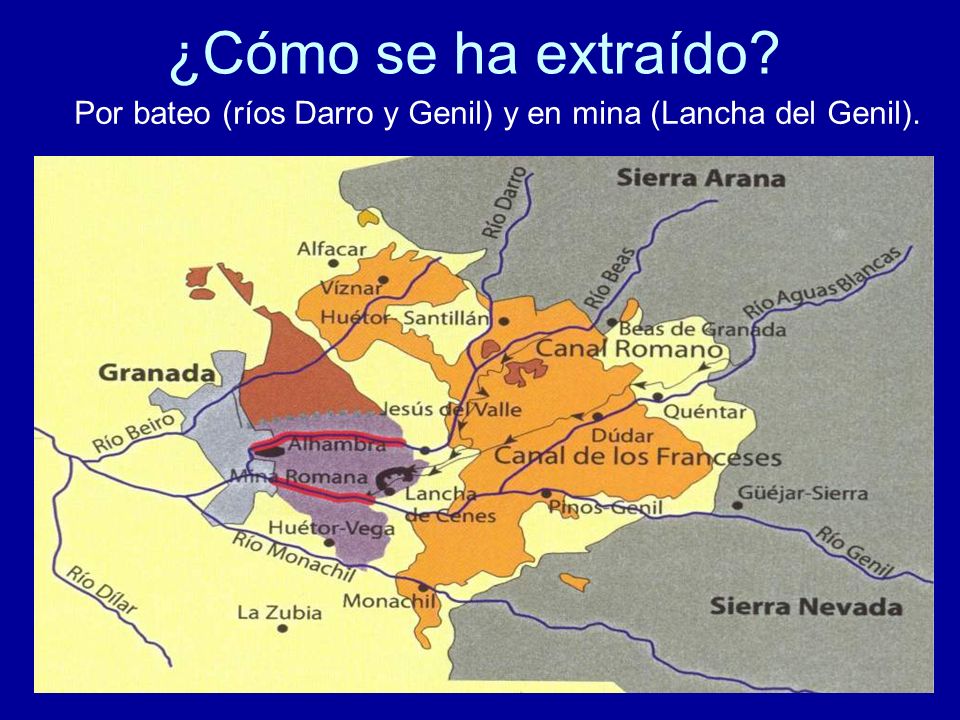 Por bateo (ríos Darro y Genil) y en mina (Lancha del Genil).