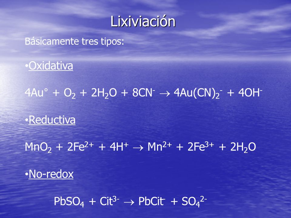 Lixiviación Oxidativa 4Au° + O2 + 2H2O + 8CN-  4Au(CN)2- + 4OH-