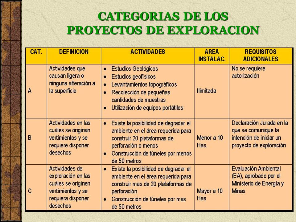 CATEGORIAS DE LOS PROYECTOS DE EXPLORACION