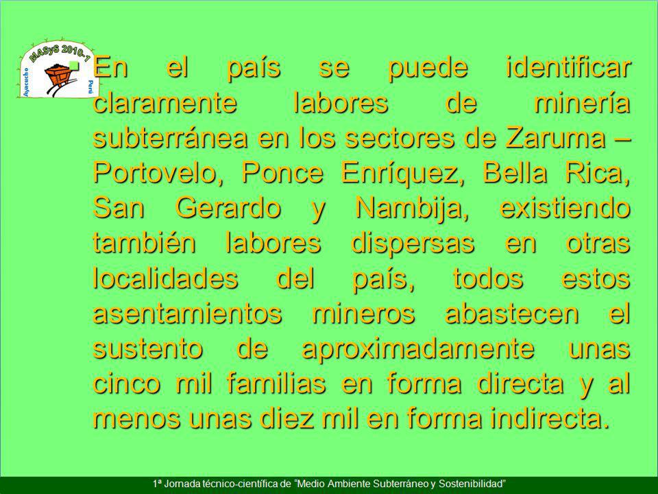 En el país se puede identificar claramente labores de minería subterránea en los sectores de Zaruma – Portovelo, Ponce Enríquez, Bella Rica, San Gerardo y Nambija, existiendo también labores dispersas en otras localidades del país, todos estos asentamientos mineros abastecen el sustento de aproximadamente unas cinco mil familias en forma directa y al menos unas diez mil en forma indirecta.