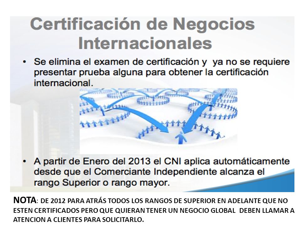 NOTA: DE 2012 PARA ATRÁS TODOS LOS RANGOS DE SUPERIOR EN ADELANTE QUE NO ESTEN CERTIFICADOS PERO QUE QUIERAN TENER UN NEGOCIO GLOBAL DEBEN LLAMAR A ATENCION A CLIENTES PARA SOLICITARLO.