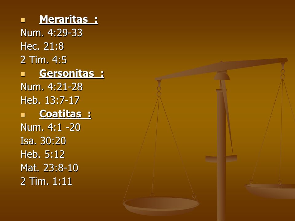 Meraritas : Num. 4: Hec. 21:8. 2 Tim. 4:5. Gersonitas : Num. 4: Heb. 13:7-17. Coatitas :