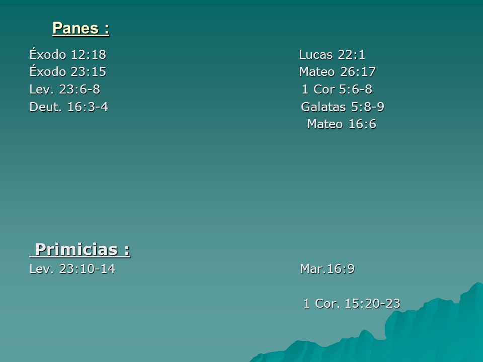 Panes : Primicias : Éxodo 12:18 Lucas 22:1 Éxodo 23:15 Mateo 26:17