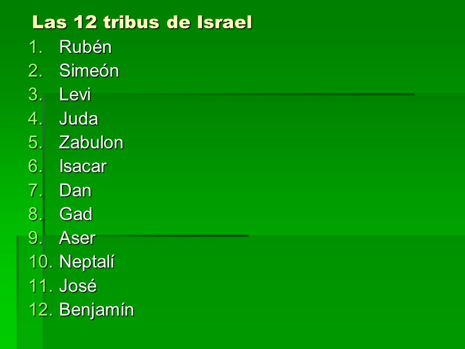 Las 12 tribus de Israel Rubén Simeón Levi Juda Zabulon Isacar Dan Gad Aser Neptalí José Benjamín