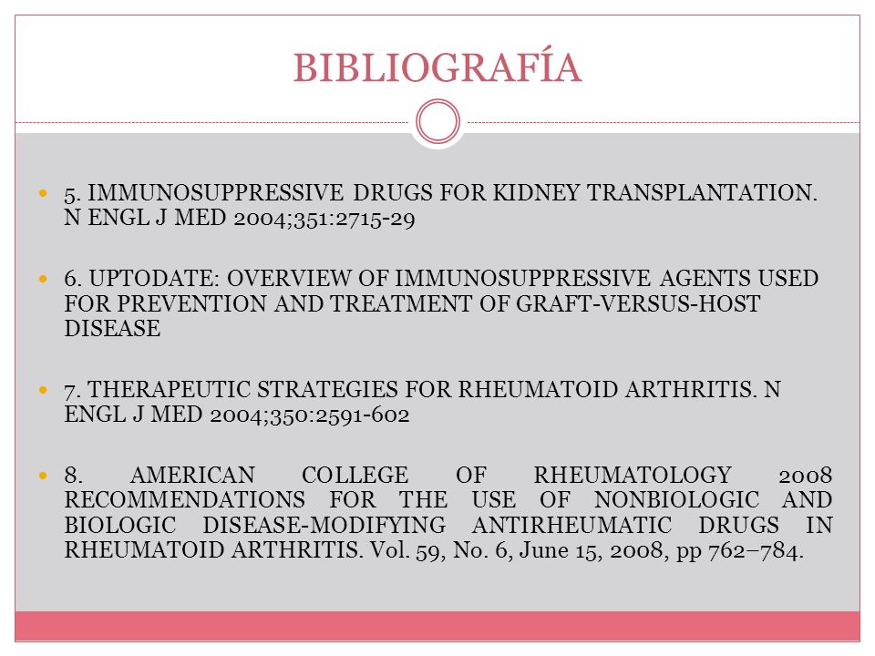 BIBLIOGRAFÍA 5. IMMUNOSUPPRESSIVE DRUGS FOR KIDNEY TRANSPLANTATION. N ENGL J MED 2004;351: