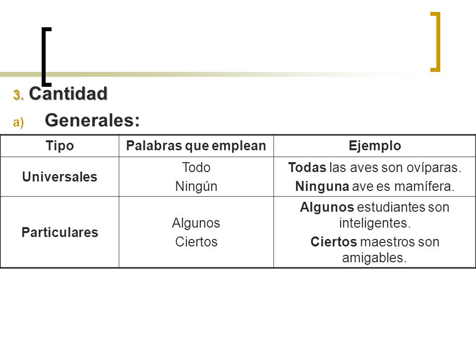 Generales: 3. Cantidad Tipo Palabras que emplean Ejemplo Universales
