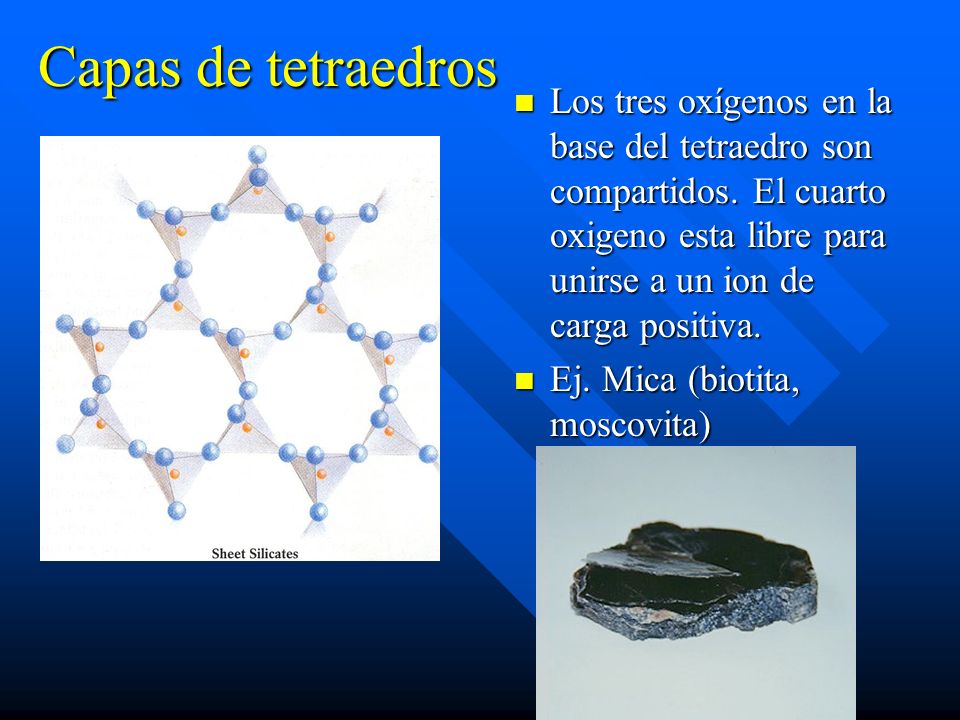 Capas de tetraedros Los tres oxígenos en la base del tetraedro son compartidos. El cuarto oxigeno esta libre para unirse a un ion de carga positiva.