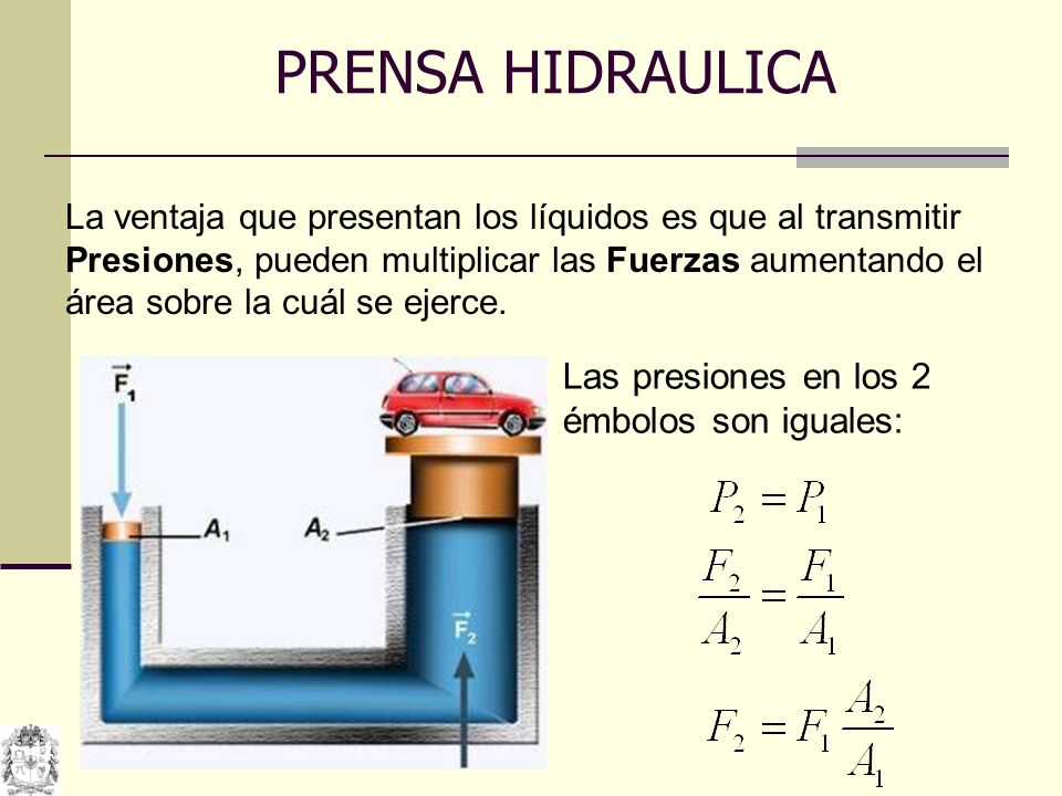 PRENSA HIDRAULICA Las presiones en los 2 émbolos son iguales: