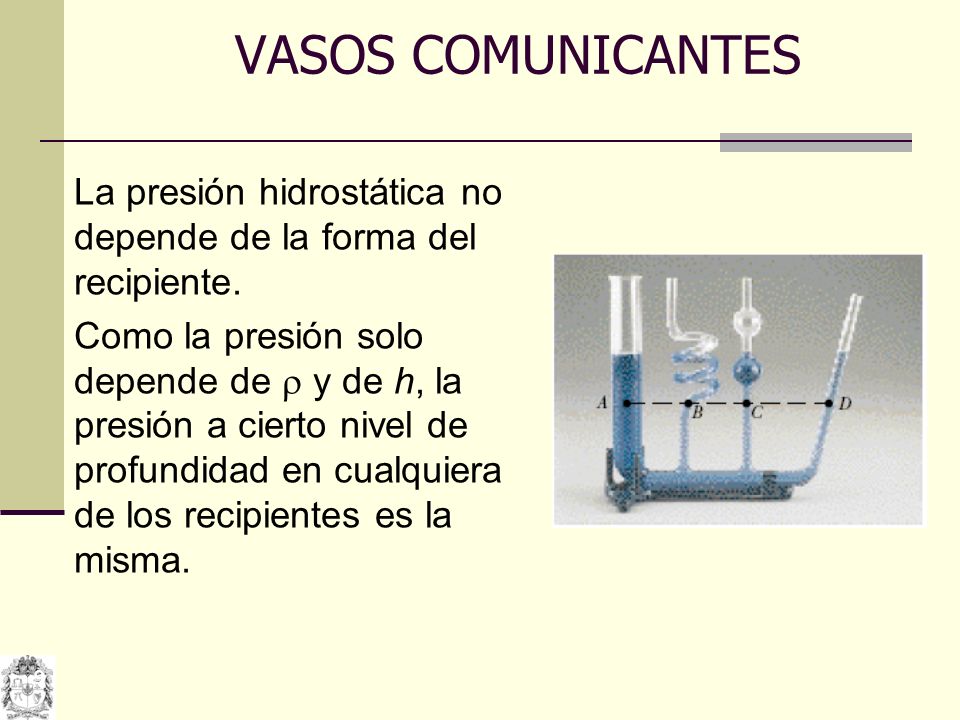 VASOS COMUNICANTES La presión hidrostática no depende de la forma del recipiente.