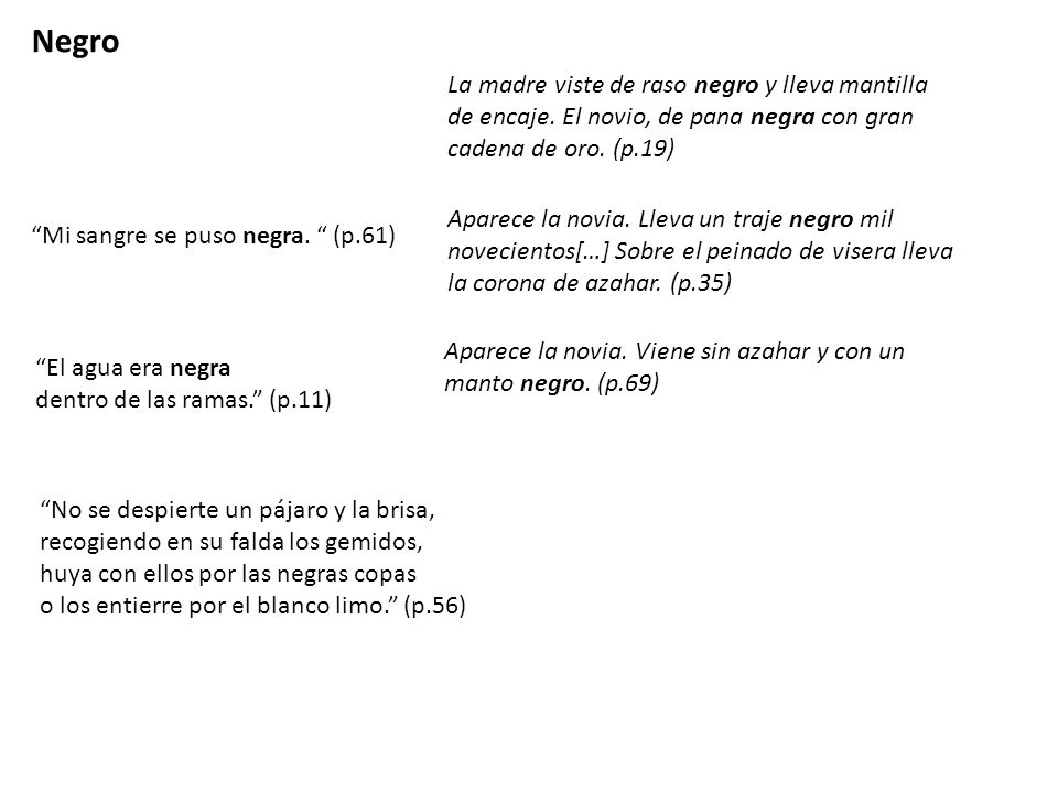 Negro La madre viste de raso negro y lleva mantilla de encaje. El novio, de pana negra con gran cadena de oro. (p.19)
