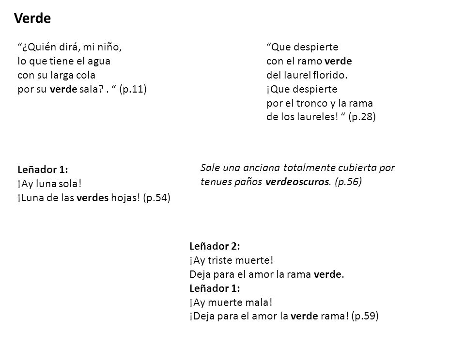 Verde ¿Quién dirá, mi niño, lo que tiene el agua con su larga cola por su verde sala . (p.11)
