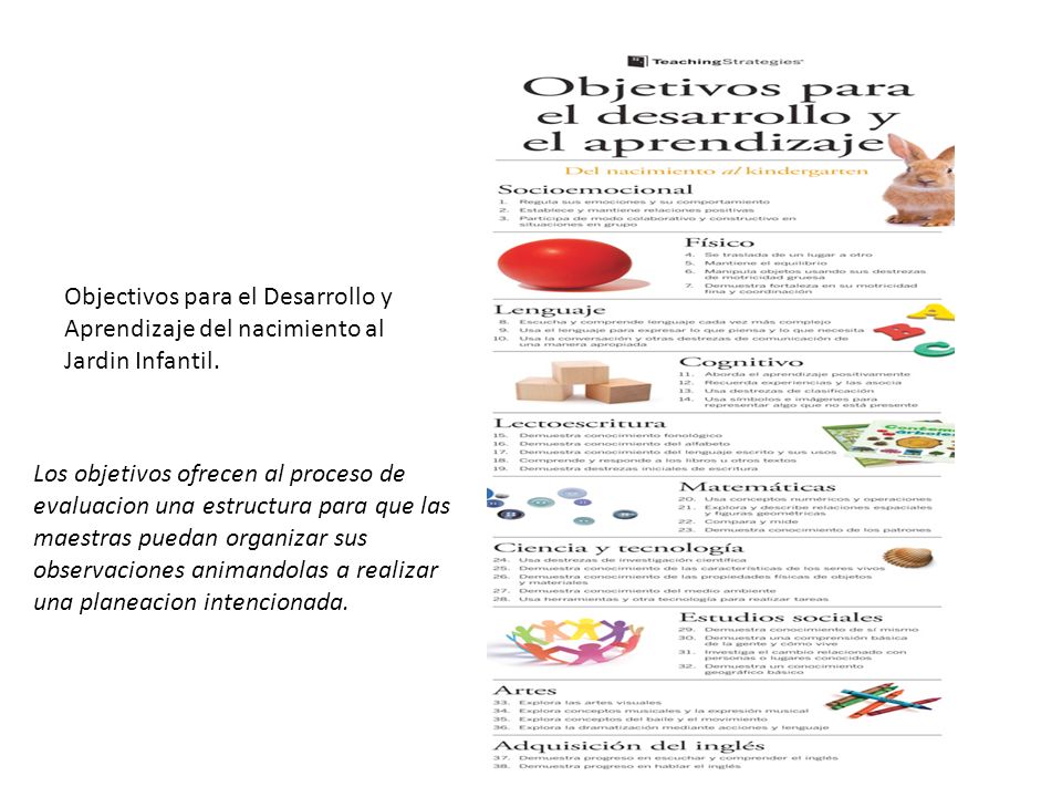 Objectivos para el Desarrollo y Aprendizaje del nacimiento al Jardin Infantil.