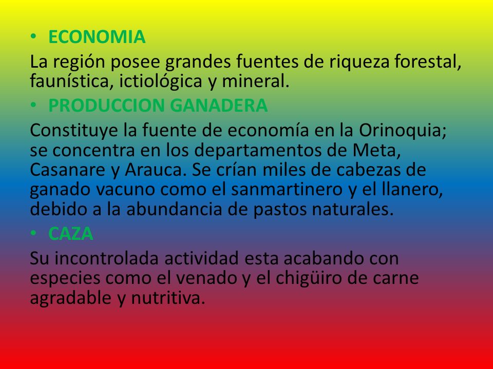 ECONOMIA La región posee grandes fuentes de riqueza forestal, faunística, ictiológica y mineral. PRODUCCION GANADERA.