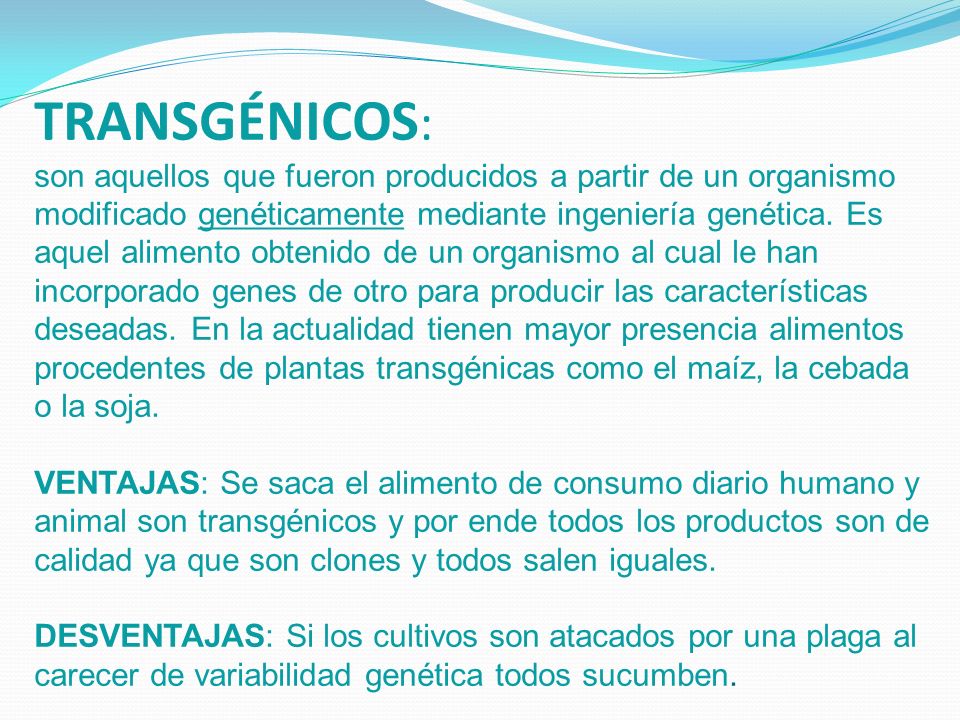 TRANSGÉNICOS: son aquellos que fueron producidos a partir de un organismo modificado genéticamente mediante ingeniería genética.